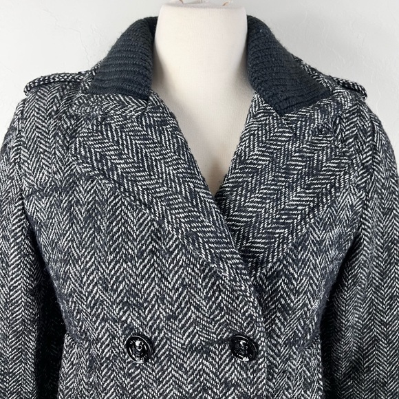 Guess Herringbone Wool Blend Pea Coat Black and White Size Large - Picture 2 of 9